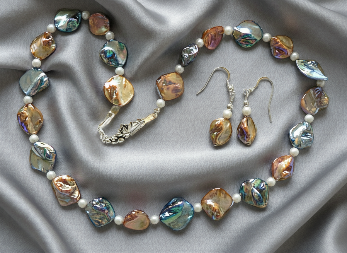 parure en perles de nacre bleue et mordorée NACRELUNE parure
