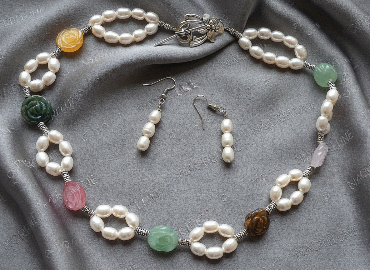 parure perles de culture avec fleurs multicolores en pierre naturelle NACRELUNE parure