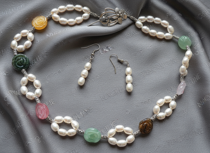 parure perles de culture avec fleurs multicolores en pierre naturelle NACRELUNE parure
