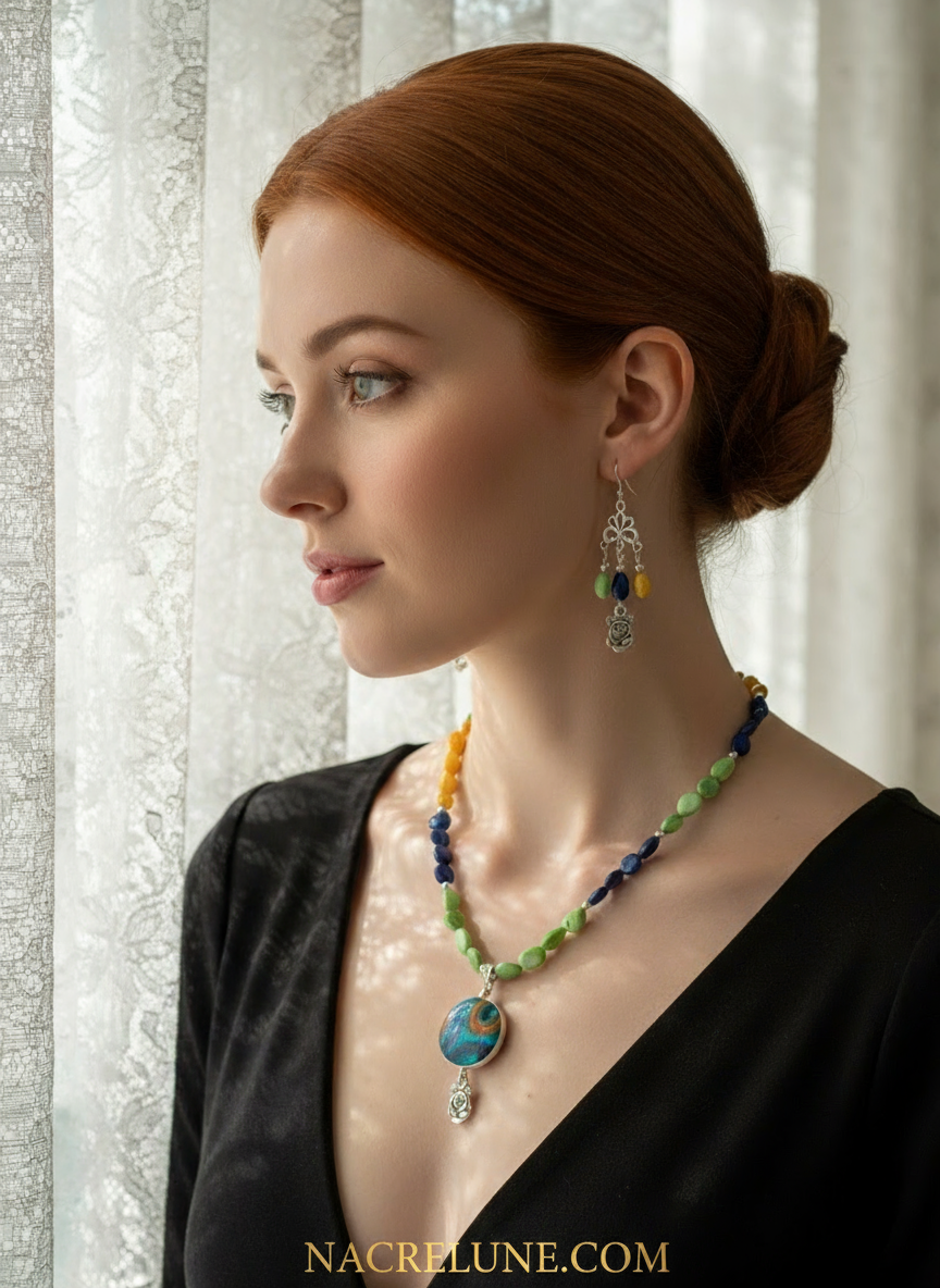 Parure en perles nacres de couleur et grande perle en nacre peinte nacrelune.com parure