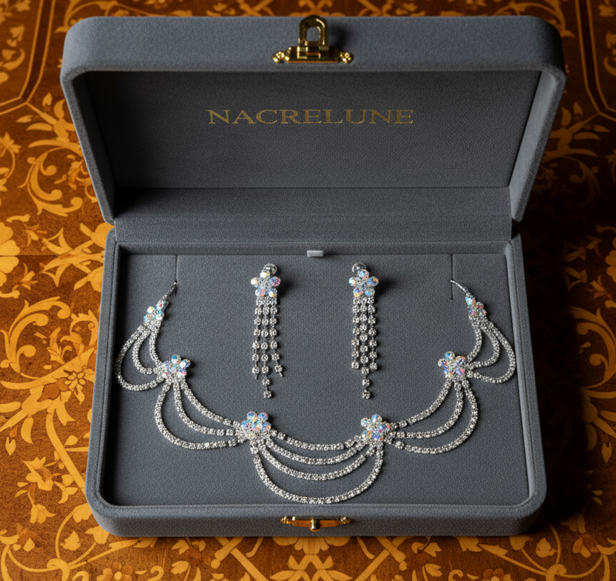 Parure en strass blancs et petites fleurs aurore boréale nacrelune.com parure