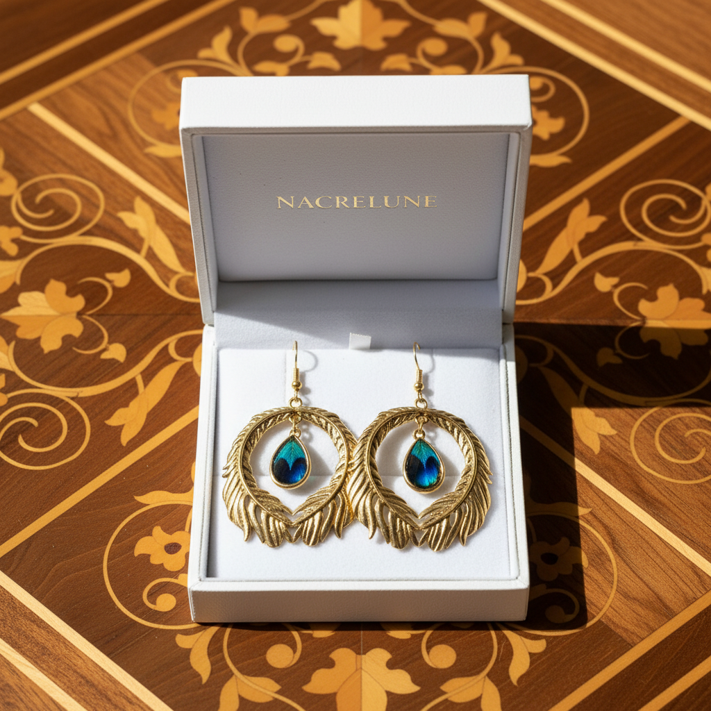 Grandes boucles d'oreille fantaisie en forme de plume de paon nacrelune.com boucles d'oreille