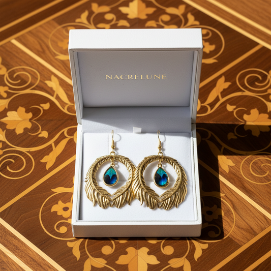 Grandes boucles d'oreille fantaisie en forme de plume de paon NACRELUNE boucles d'oreille