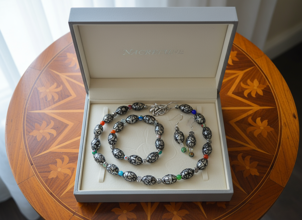 Parure en perles de verre dentelle noire avec millefleurs noir NACRELUNE parure