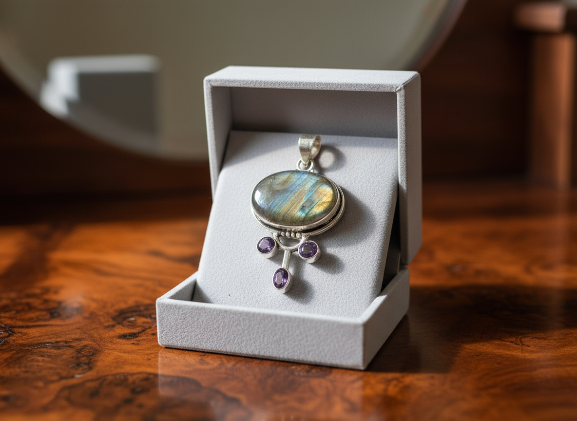 pendentif argent 925 avec labradorite et amethystes NACRELUNE pendentif