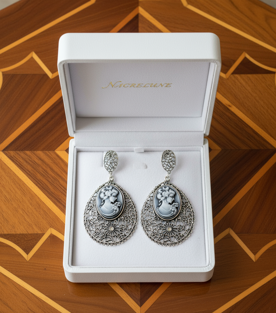 Grandes boucles d'oreille en forme de camée bleu fantaisie nacrelune.com boucles d'oreille