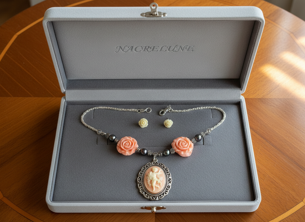 Parure avec fleurs en resine corail et perles de nacre avec camée orange nacrelune.com parure