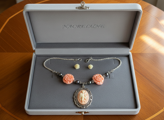 Parure avec fleurs en resine corail et perles de nacre avec camée orange NACRELUNE parure