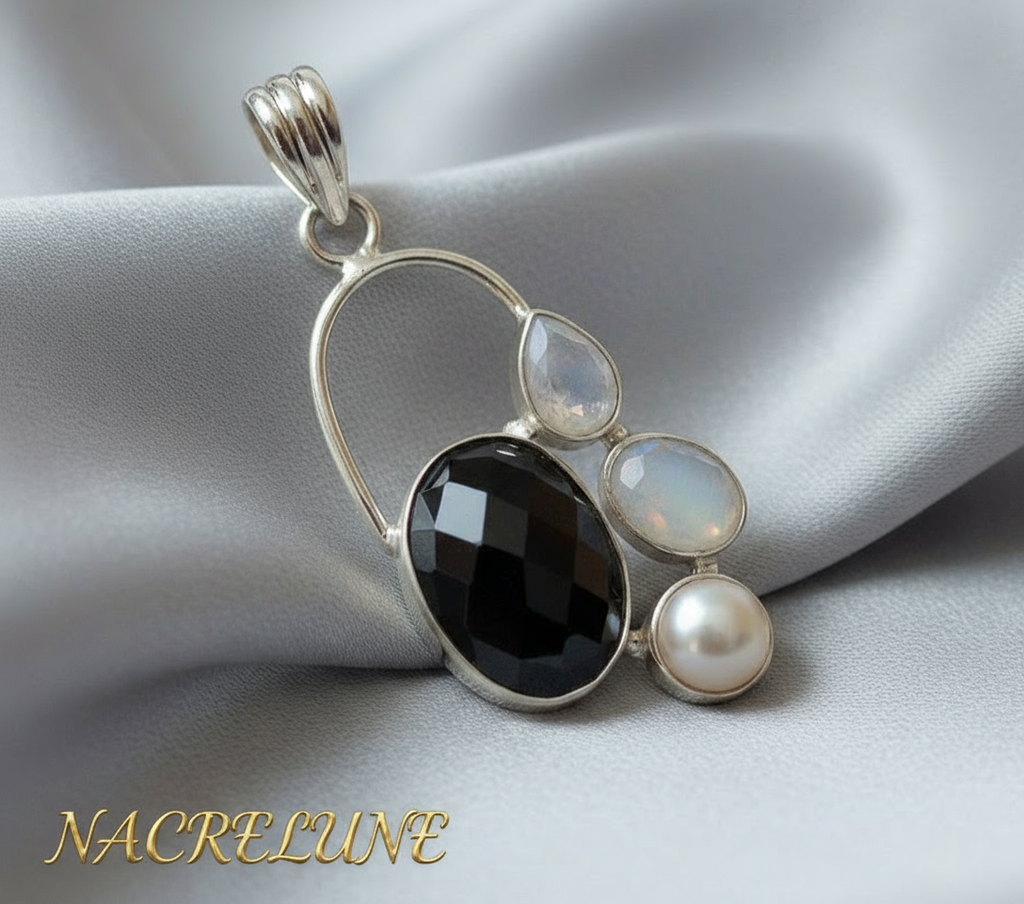 Pendentif en argent 925 avec onyx, perle et pierres de lune nacrelune.com pendentif