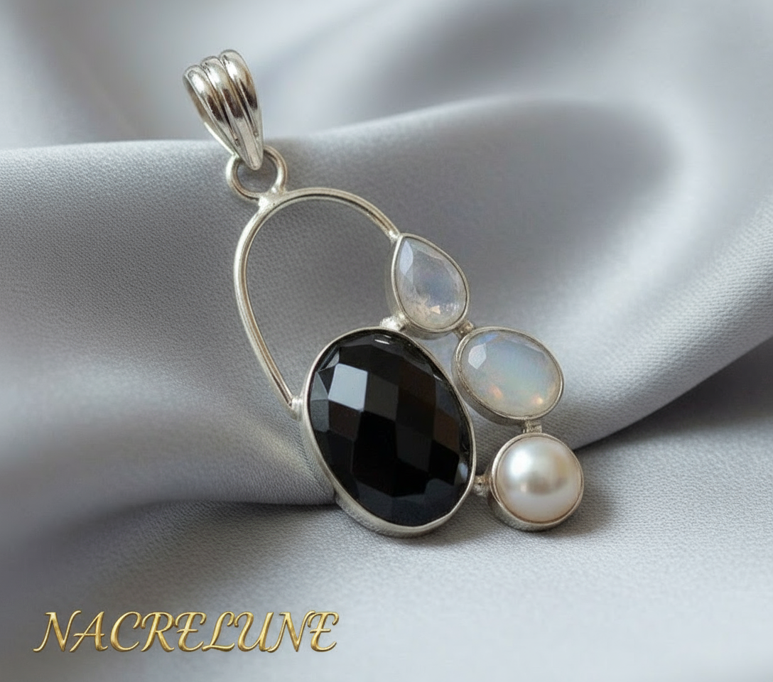 Pendentif en argent 925 avec onyx, perle et pierres de lune nacrelune.com pendentif