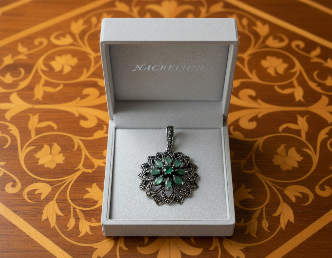 Pendentif en argent 925 avec marcassites et émeraudes NACRELUNE pendentif