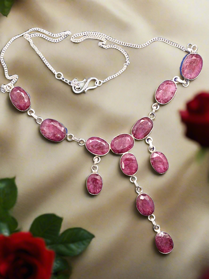 Collier argent 925 avec rubis véritables 5 pendentifs facettés