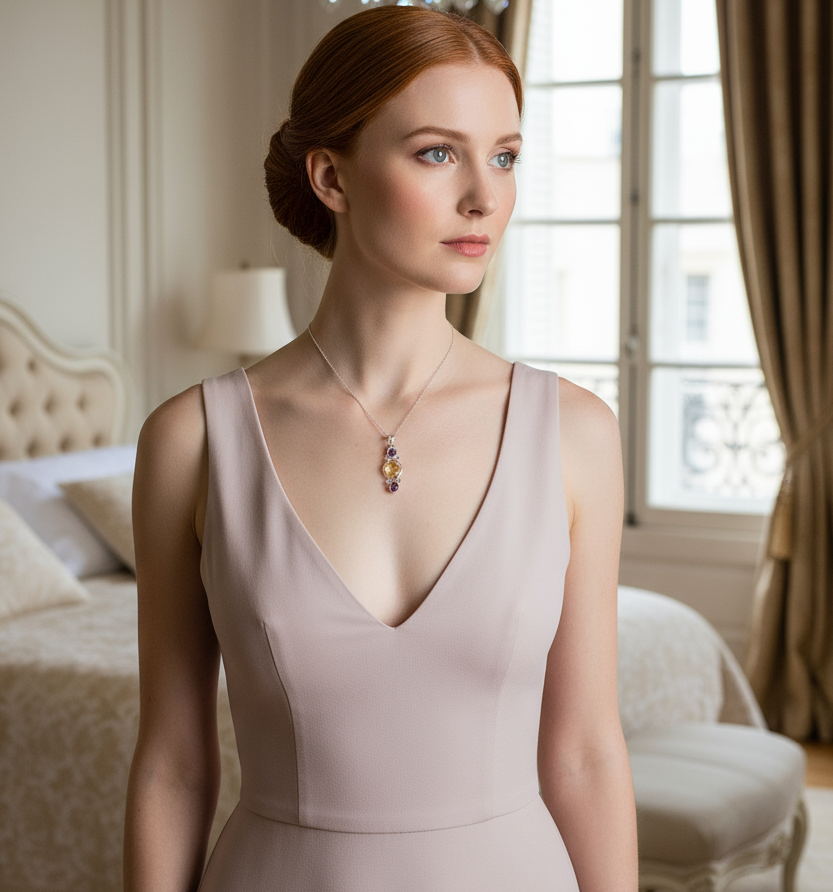 Pendentif argent 925 citrine et améthystes taillées - Élégance et brillance NACRELUNE collier