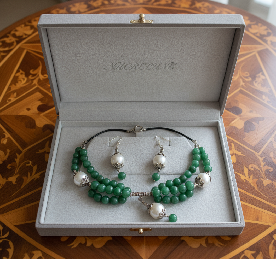 Parure perles de nacre et jade vert nacrelune.com parure