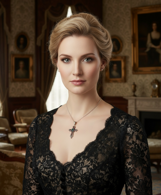 pendentif croix en argent et marcassites avec rubis, saphirs et émeraudes NACRELUNE pendentif