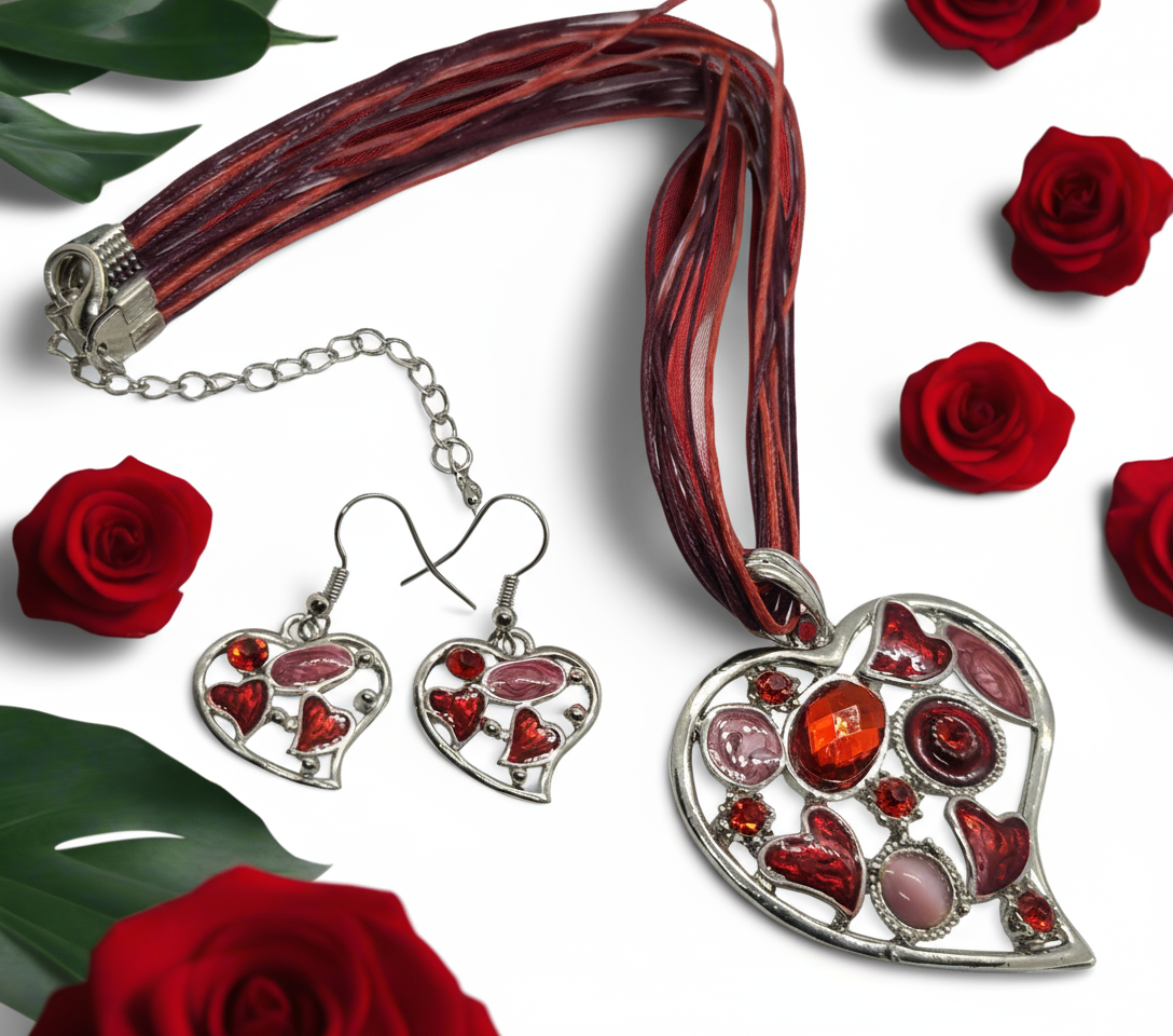 Pendentif en émail et strass en forme de coeur avec boucles assorties NACRELUNE parure