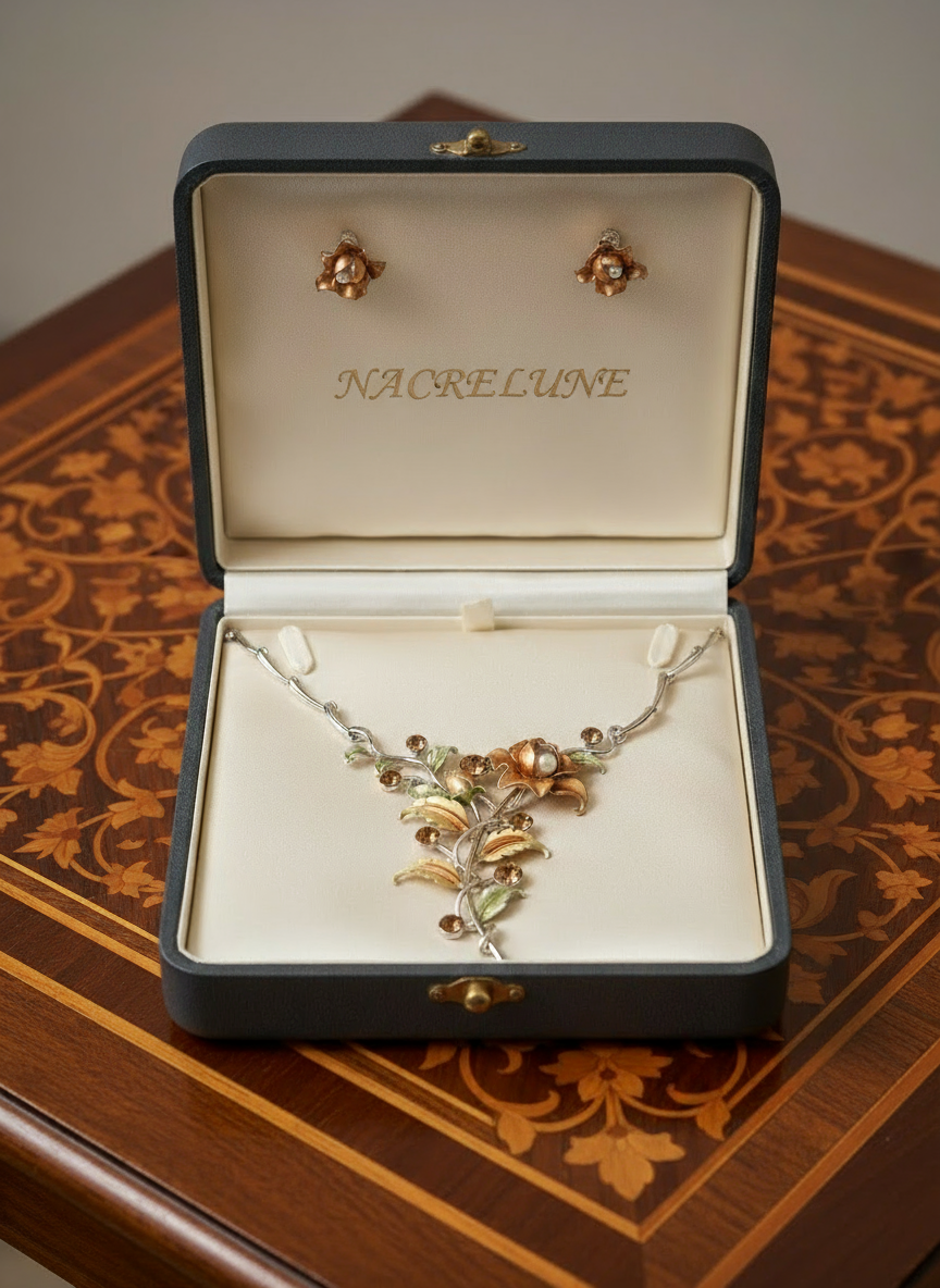 Parure fleurs en émail jaune orangé nacrelune.com parure