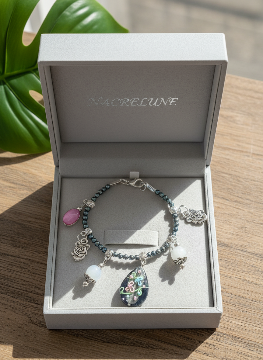 Bracelet en perles fines avec breloques quartz, nacre rose et perle de verre nacrelune.com bracelet