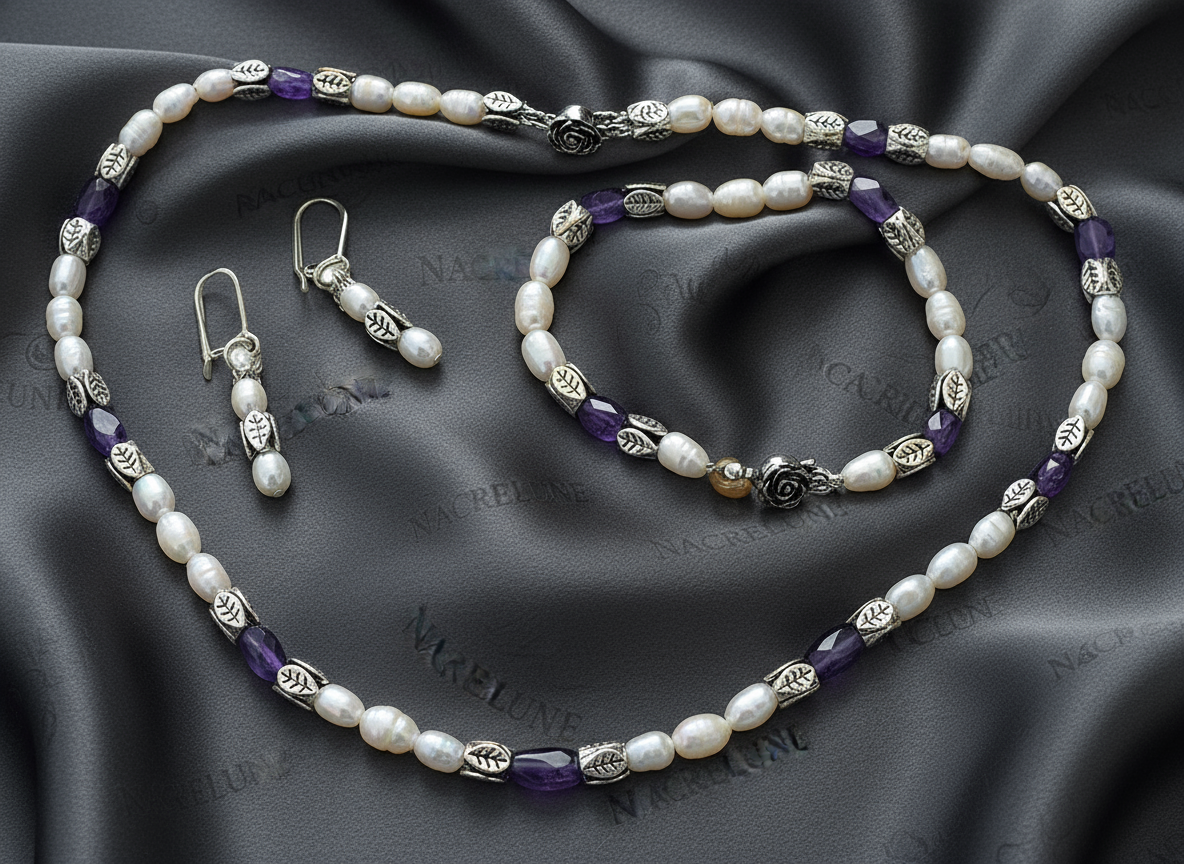 Parure en perles de culture avec améthystes véritables polies NACRELUNE parure