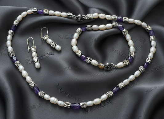 Parure en perles de culture avec améthystes véritables polies NACRELUNE parure
