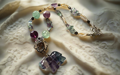 Collier en perles et elephant sculptés en fluorite naturelle et perles avec camée métal NACRELUNE collier