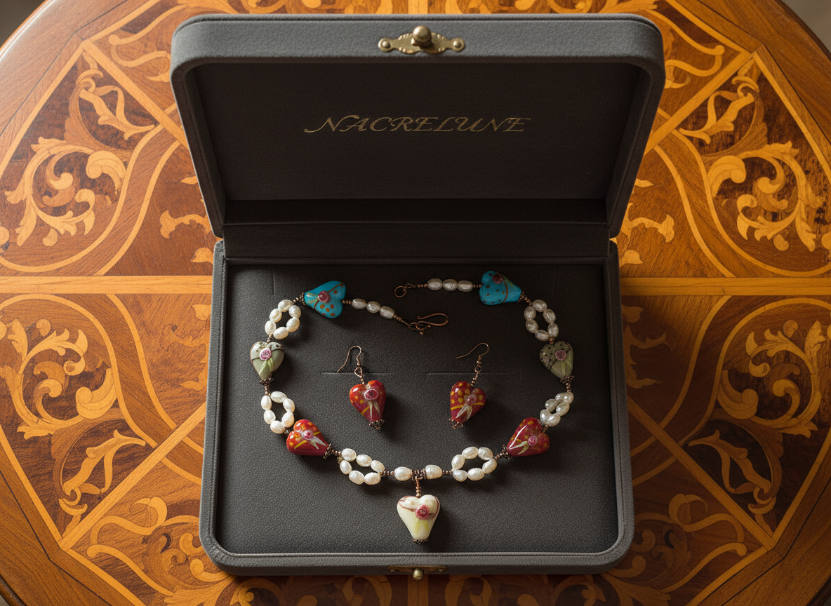 parure en perles de culture et coeurs en verre décoré nacrelune.com parure