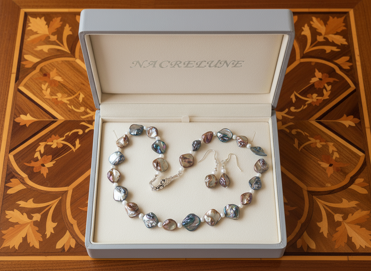 parure en perles de nacre bleue et mordorée nacrelune.com parure