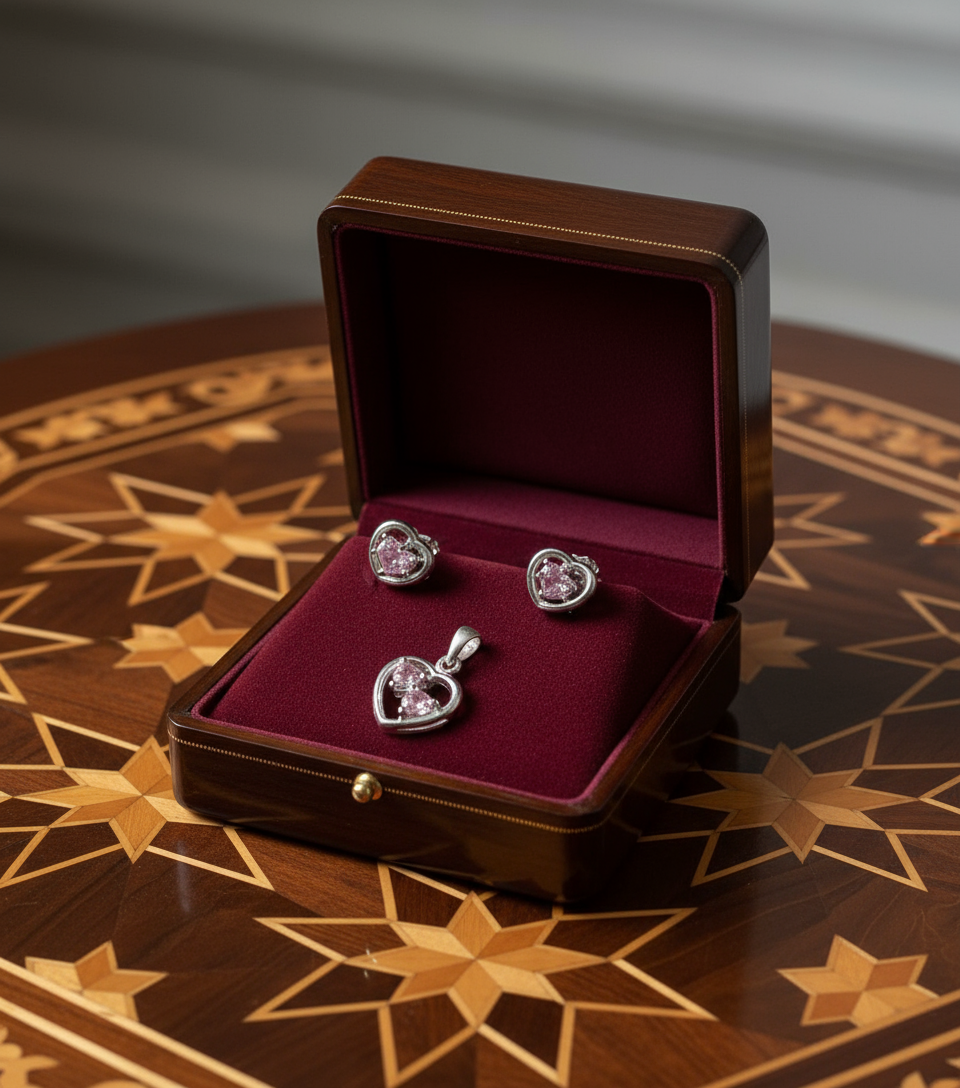 Petite parure coeurs strass roses rose NACRELUNE parure