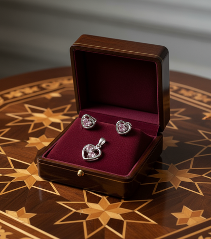 Petite parure coeurs strass roses rose NACRELUNE parure