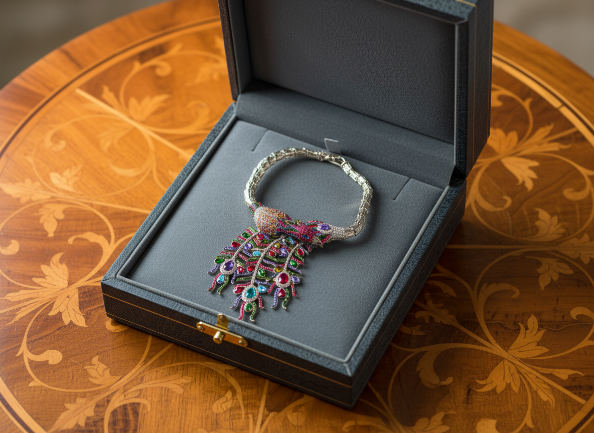 Collier en strass multicolores représentant un paon monté sur métal argenté NACRELUNE collier