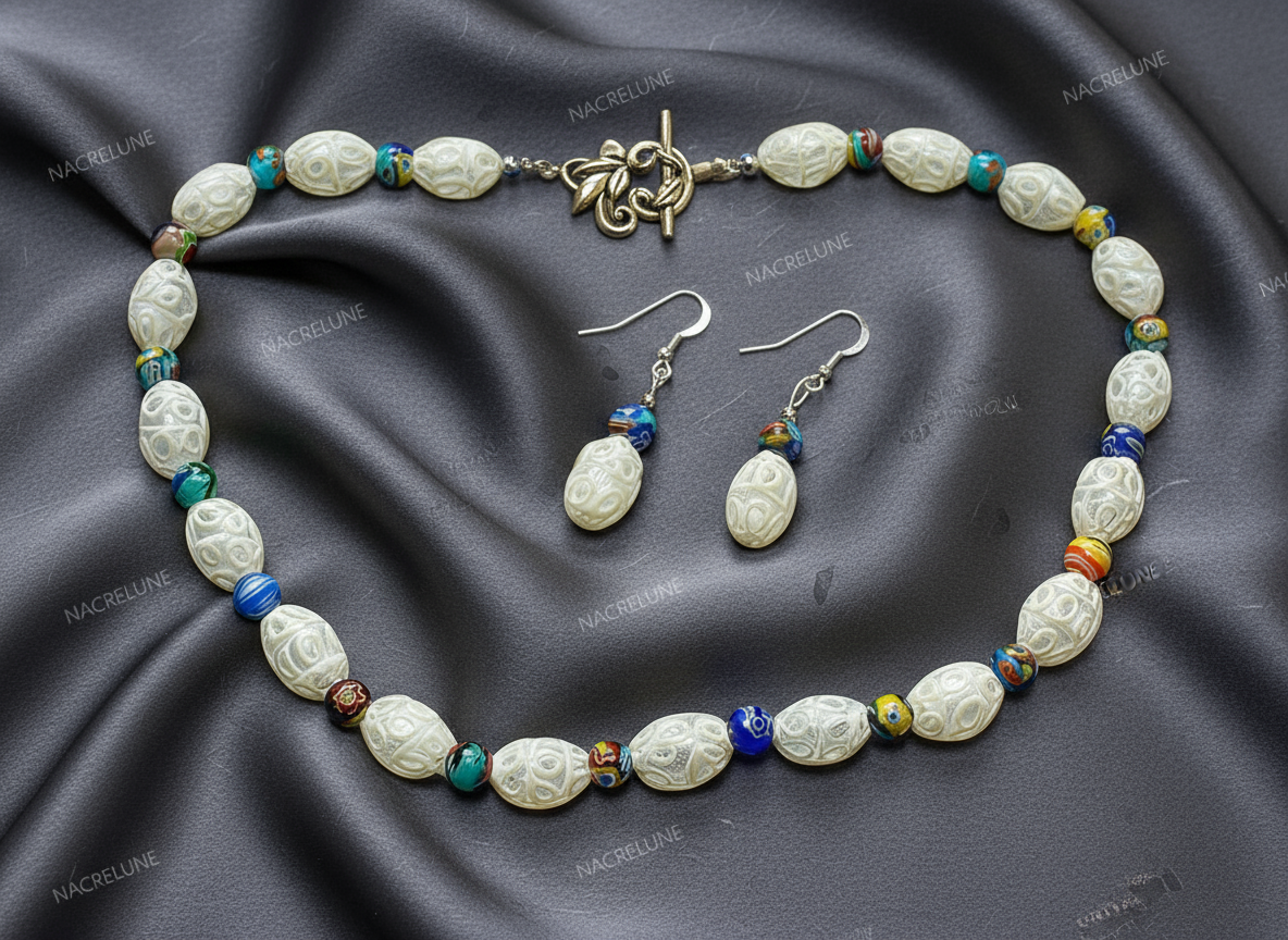 parure en perles de verre dentelle blanche avec millefleurs NACRELUNE parure