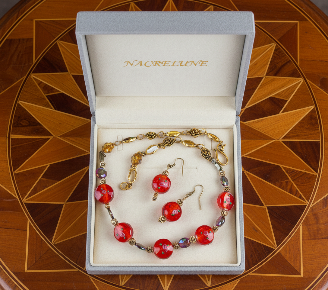 parure rouge en perles de verre et perles de nacre noire Rouge NACRELUNE parure