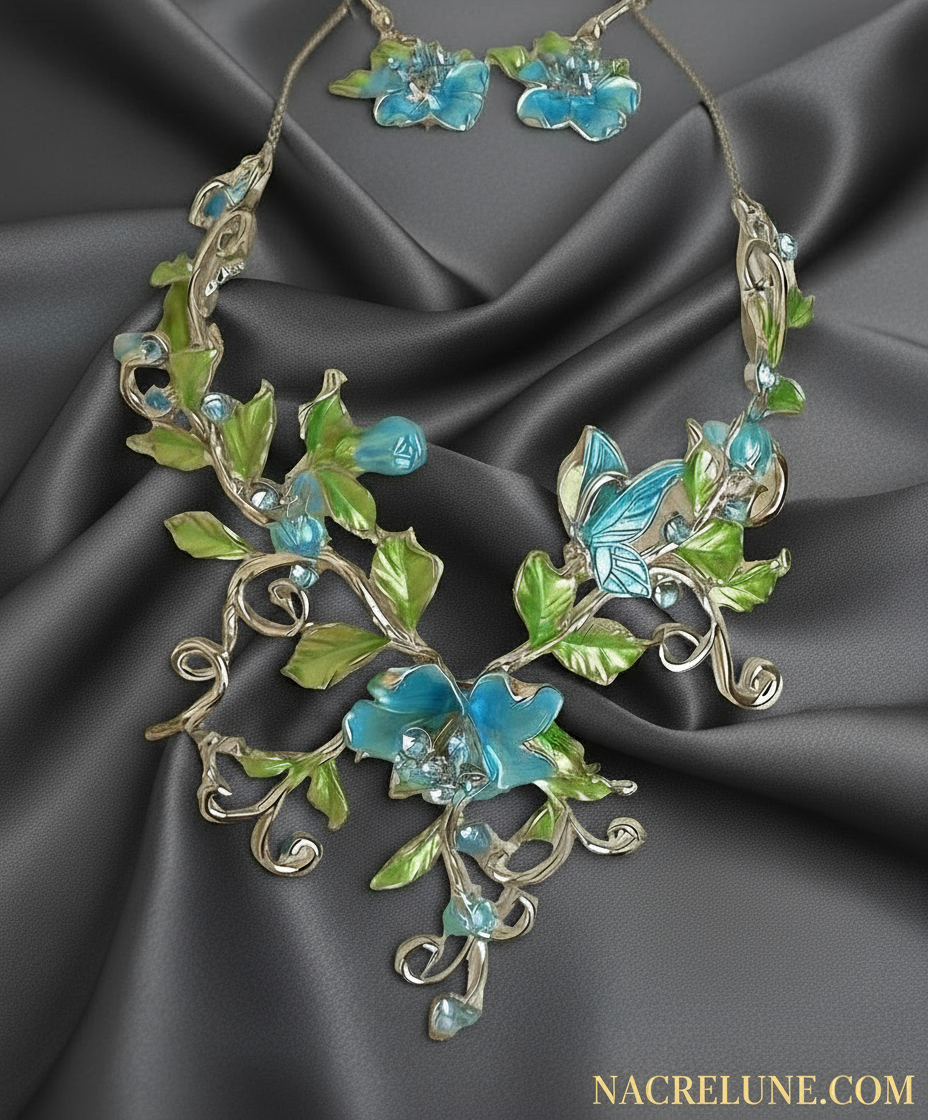 Parure en émail bleu avec fleurs, papillon et coccinelle nacrelune.com parure