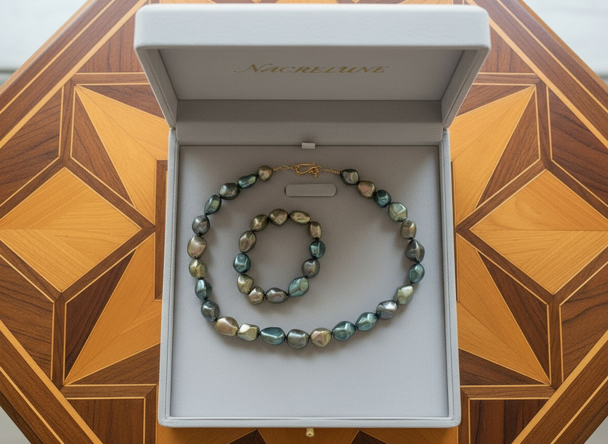 parure complète en perles de nacre métallisé baroques nacrelune.com parure