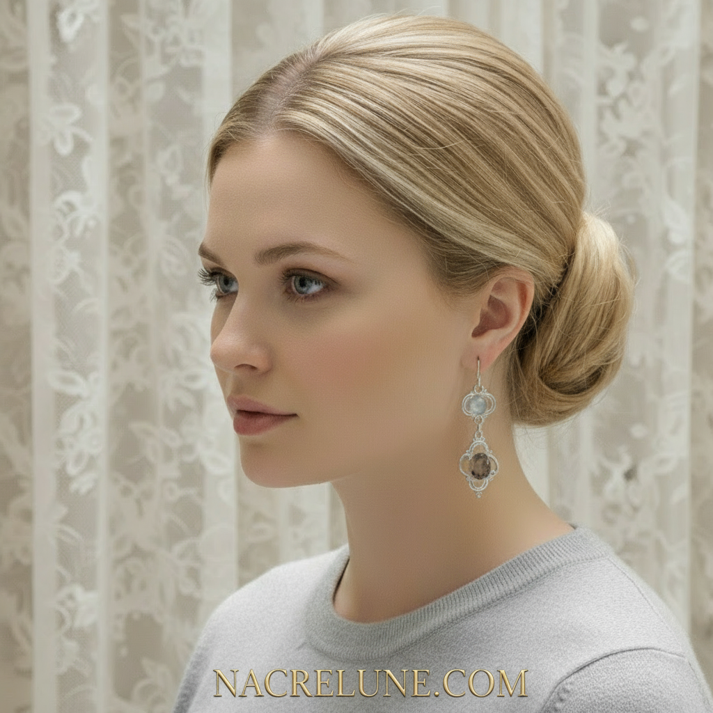 Boucles d'oreille en argent avec pierre lune et quartz fumé nacrelune.com boucles d'oreille