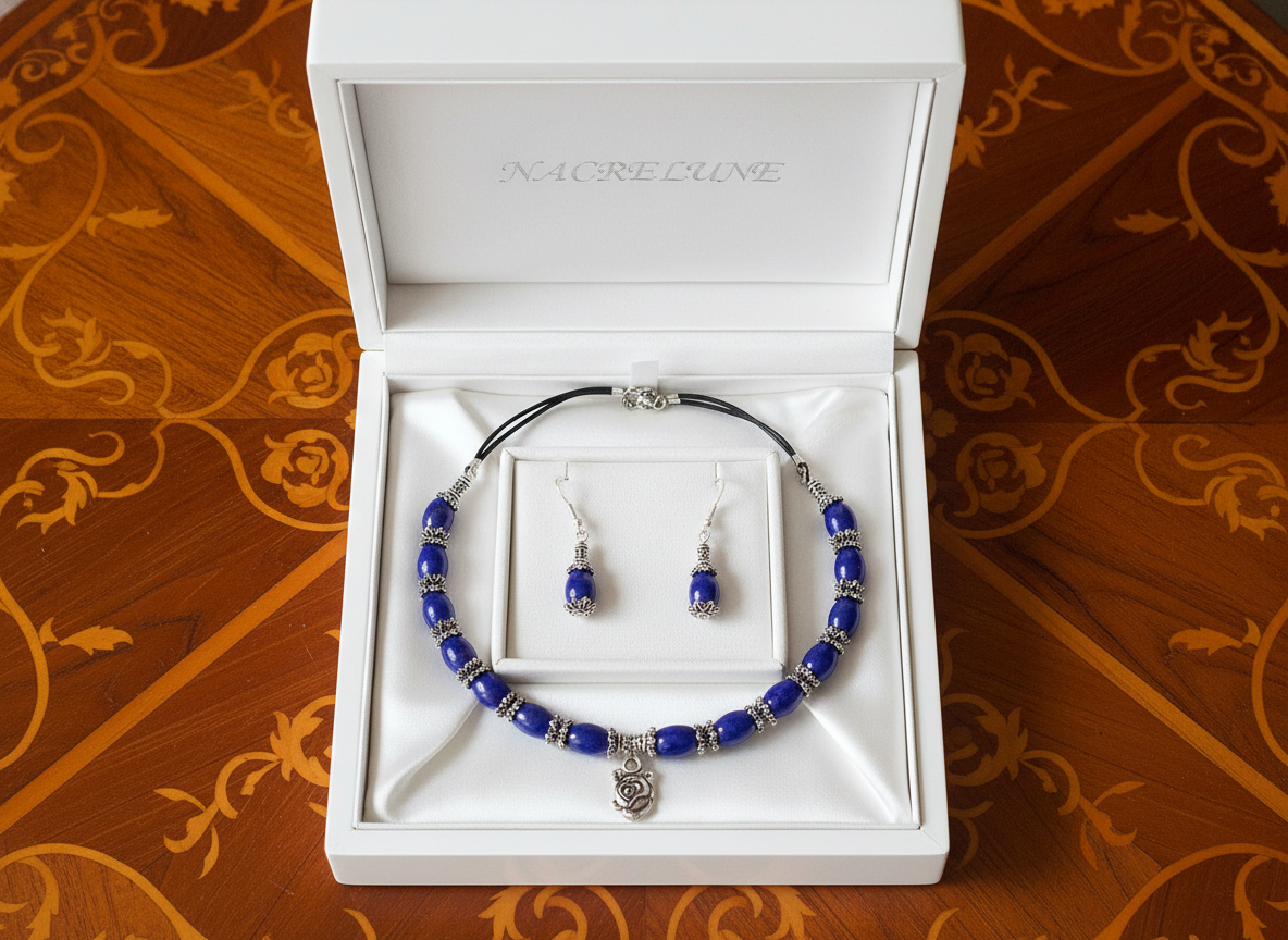 Parure en perles de jades mauves avec rose Violet NACRELUNE parure