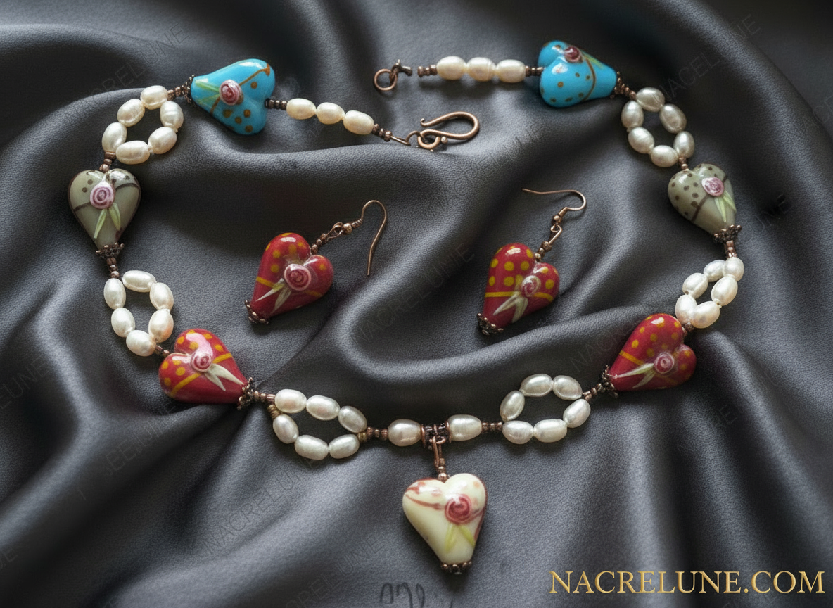 parure en perles de culture et coeurs en verre décoré Rouge NACRELUNE parure