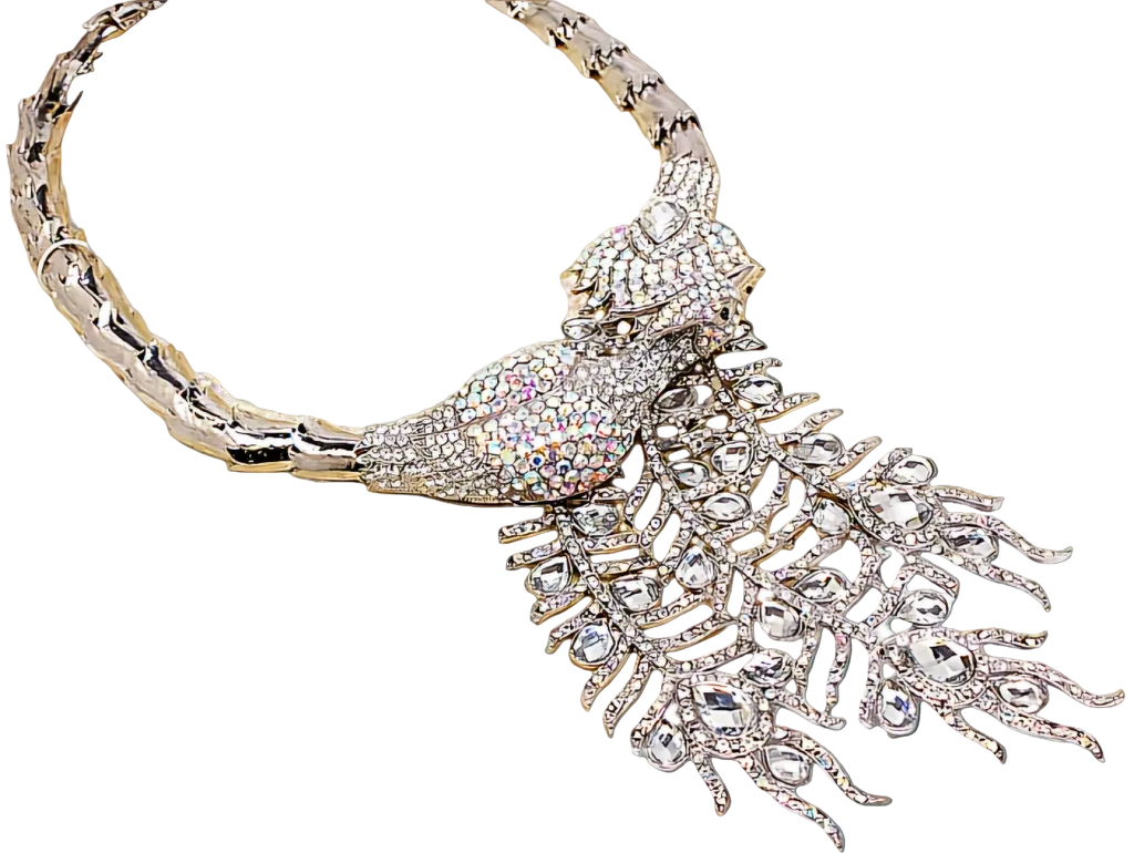 Collier strass couleur aurore boréale représentant un paon monté sur métal argenté nacrelune.com collier