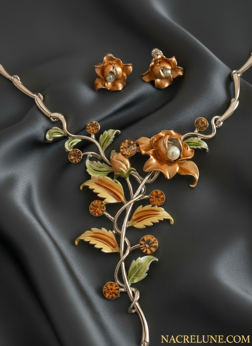 Parure fleurs en émail jaune orangé nacrelune.com parure