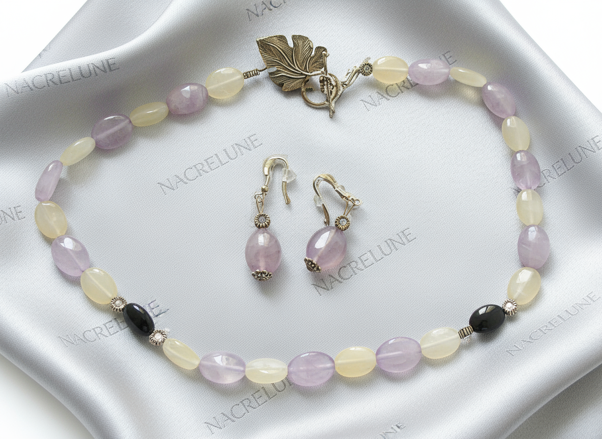 parure en perles naturelles d'améthystes citrines et onyx NACRELUNE parure
