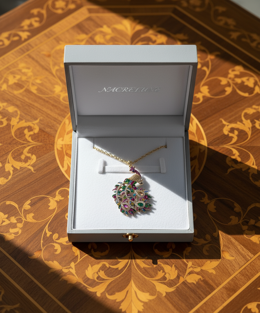 Pendentif en strass sur sa longue chaîne représentant un paon : 2 versions disponibles Multicolore NACRELUNE pendentif