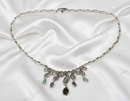 Collier en argent 925 et marcassites avec rubis émeraudes et saphirs NACRELUNE collier