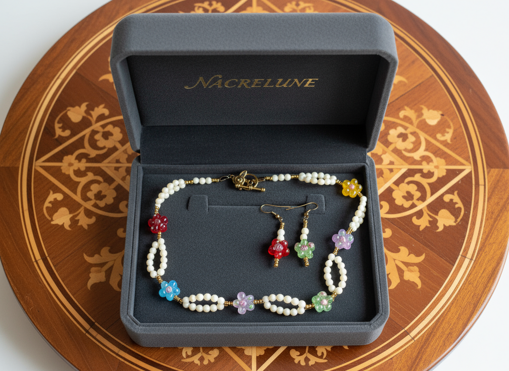 Parure en perles de nacre avec fleurs de verre nacrelune.com parure