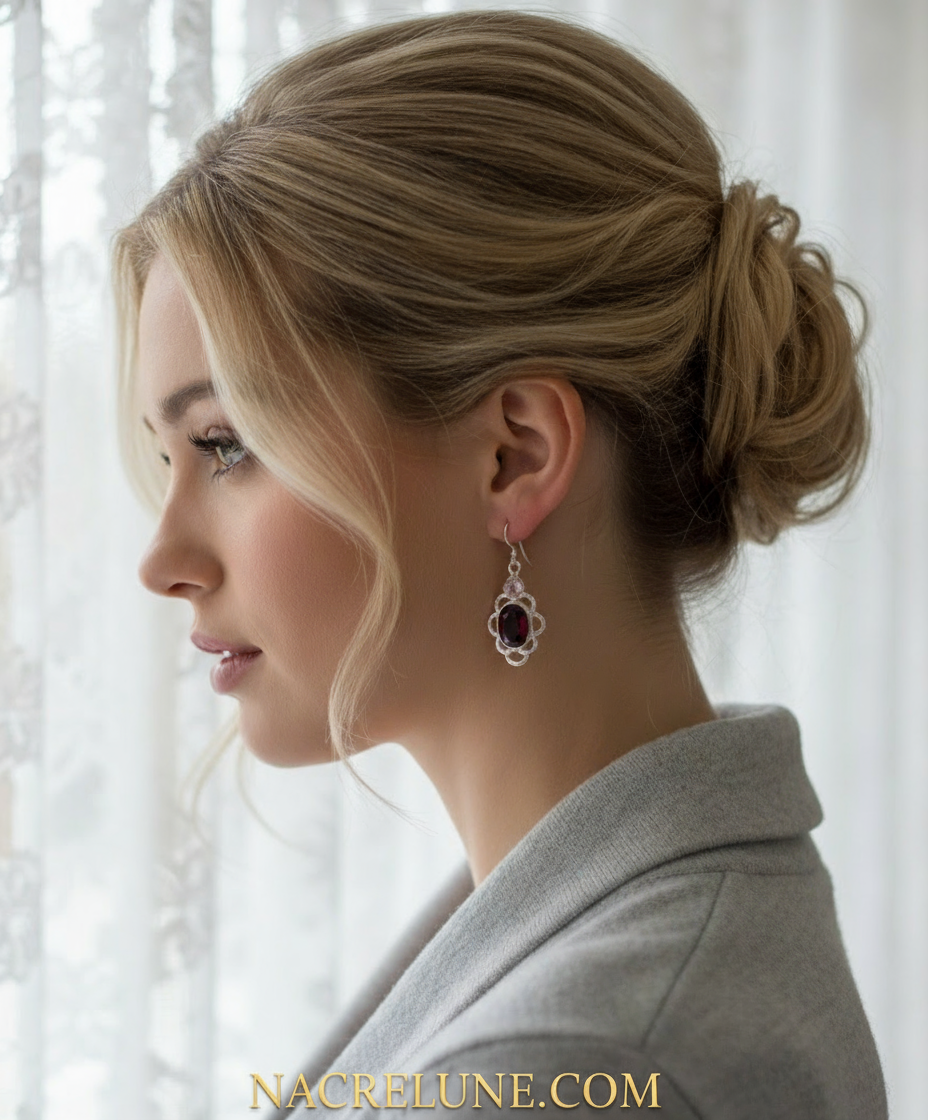Boucles d'oreille en argent avec grenat et topaze rose nacrelune.com boucles d'oreille