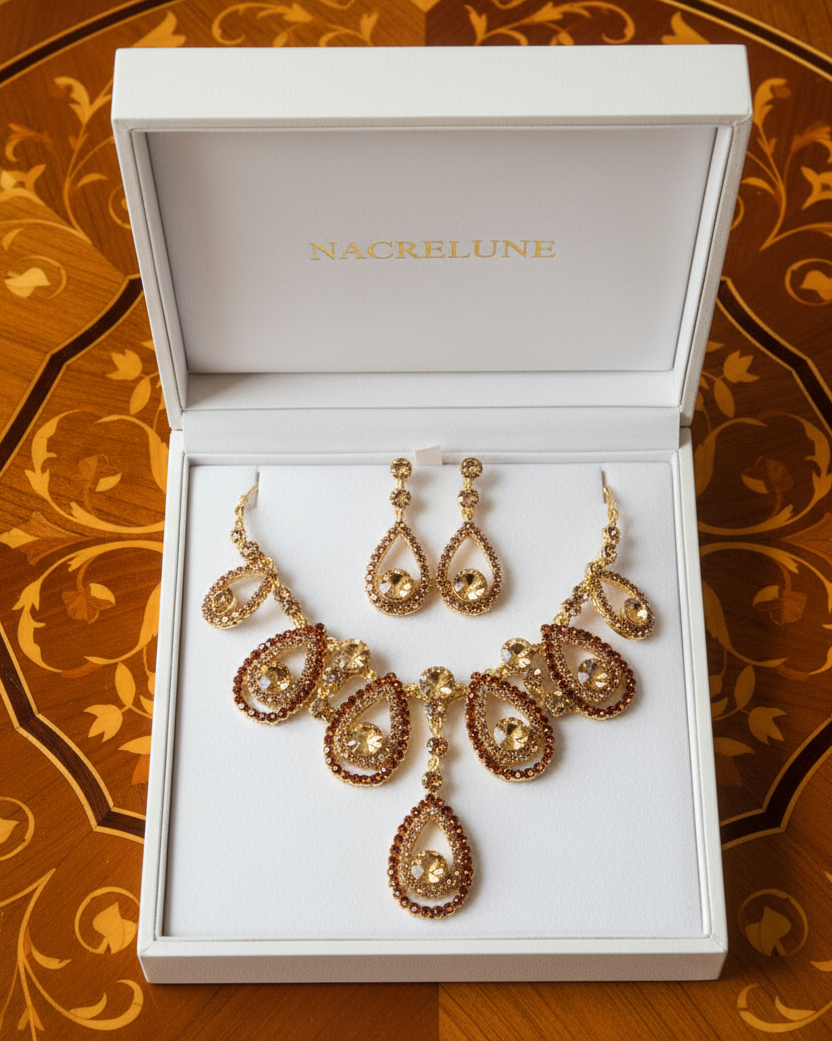 Parure en strass gouttes d'eau couleur topaze marron NACRELUNE parure