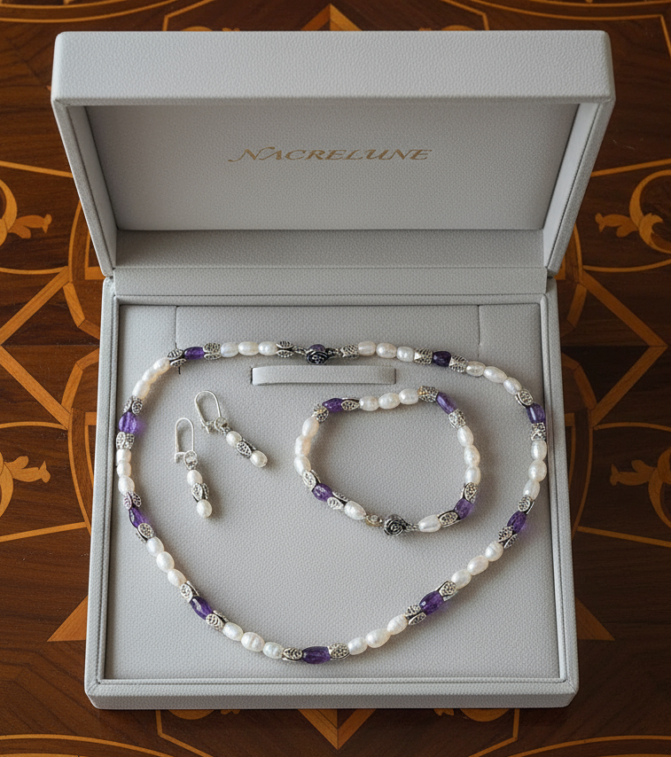 Parure en perles de culture avec améthystes véritables polies Violet nacrelune.com parure
