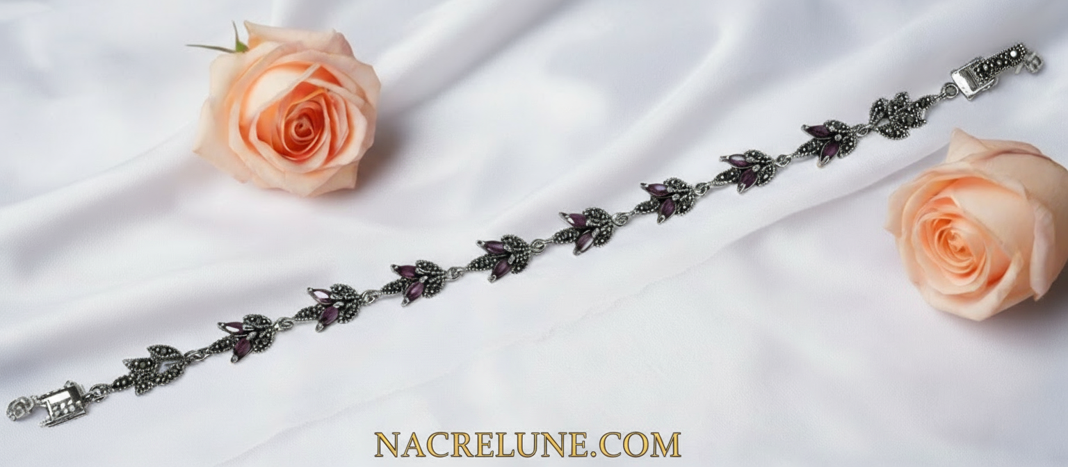 Bracelet en argent et marcassites avec rubis véritables nacrelune.com bracelet