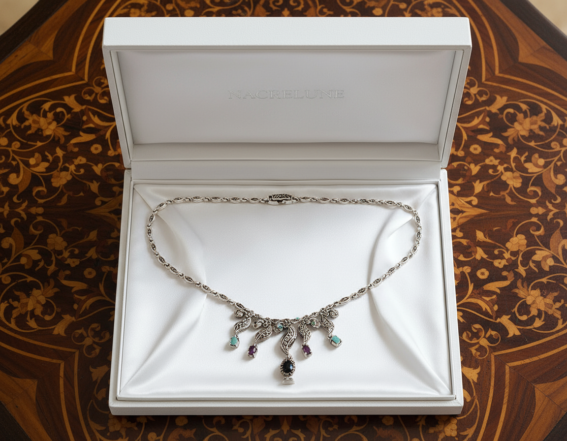 Collier en argent 925 et marcassites avec rubis émeraudes et saphirs NACRELUNE collier