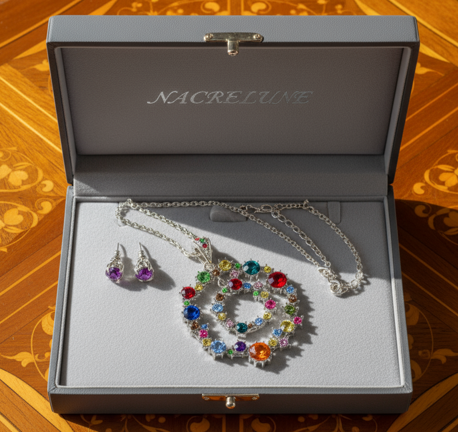 Parure sautoir avec cercles argentés et strass multicolores nacrelune.com parure