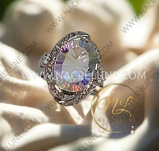Bague argent 925 avec topaze traitée ’mystique’ arc en ciel 60 Bague